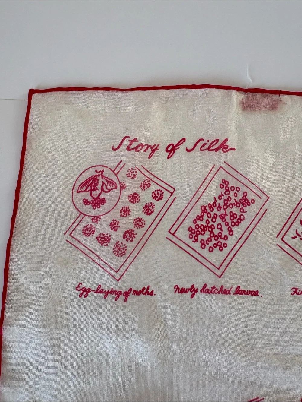 VNTG Story Of Silk White Pink Novelty Print Handkerchief Scarf Silkworm Artsy